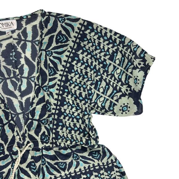 Omika Pia Mini Dress Blue Floral Cotton Caftan Lightweight Beach Coverup OS OSFA - Picture 8 of 12
